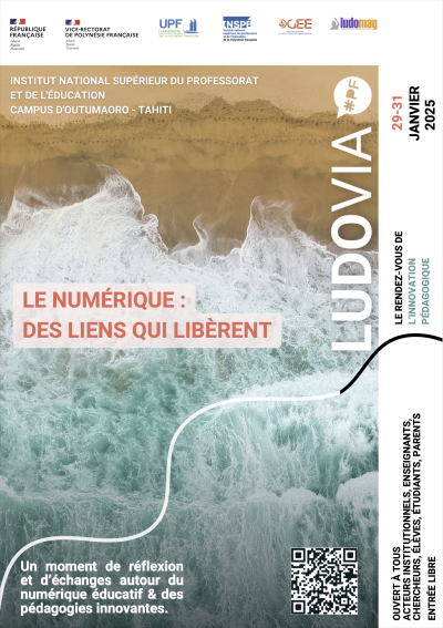 Affiche de LudoviaPF 2025 avec en fond l'image de vagues se brisant sur une plage vues de haut, en en-tête les logos des différents partenaires. Le titre Ludovia et le thème (le numérique : des liens qui libèrent) de cette édition sont également précisés.