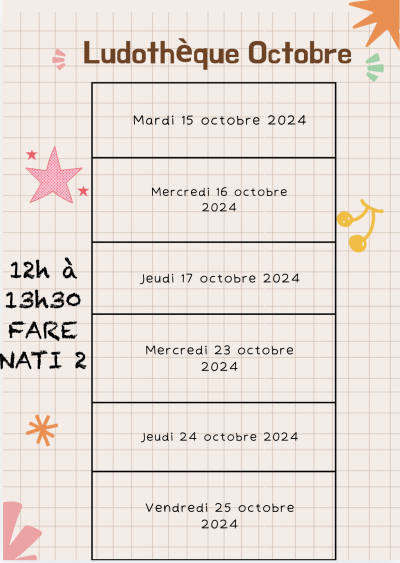 Image d'une page de calendrier (mois d'octobre) donnant les jours d'ouverture de la ludothèque de l'INSPE